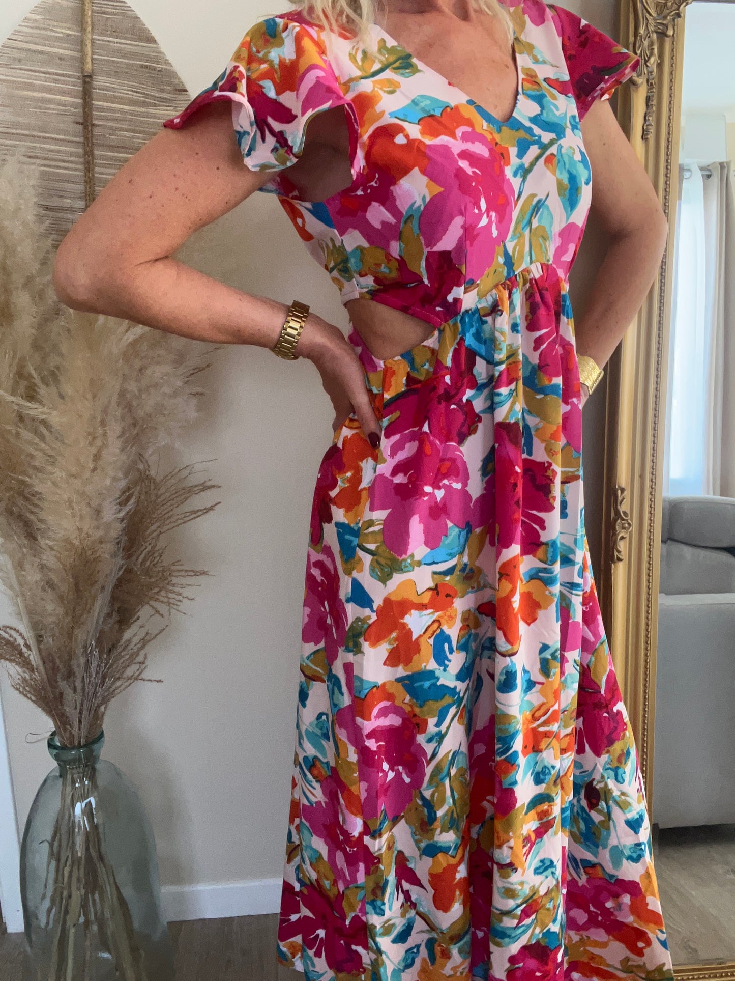 Robe longue fleurie ouverture côté